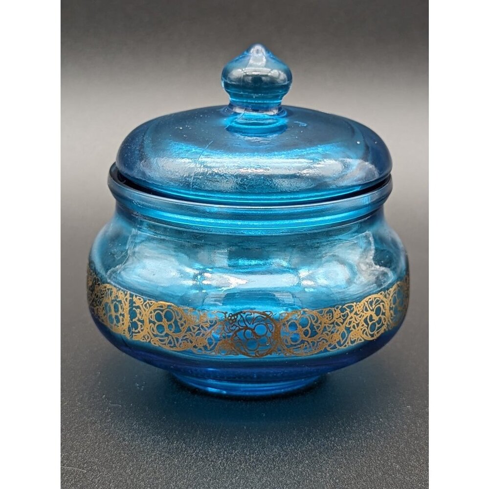 Vintage 1950s Blue Jar Gold Gilding Apothecary Jar | Made in Belgium